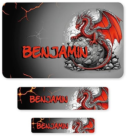Striefchen® Schuletiketten für Jungen, 100 Stück, personalisiert mit Namen und Wunsch Motiv Drache