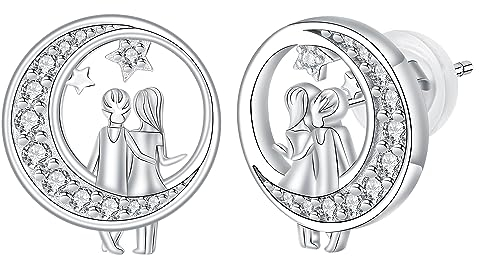 Hifeeled Schwester Ohrringe Damen 925 Sterling Silber Mutter und Tochter Ohrstecker Mond mit Zirkonia für Frauen Original Schmuck Geschenk Mutter Ehefrau Freundin
