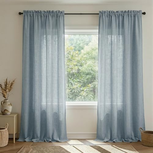 Mrs.Naturall Leinenvorhänge in Hellblau, 259 cm lang, für Wohnzimmer, 2 Paneele mit Stangentasche, Landhausstil, lichtfilternd, halbtransparent, grau-blau für Terrassentür, 132x259 cm