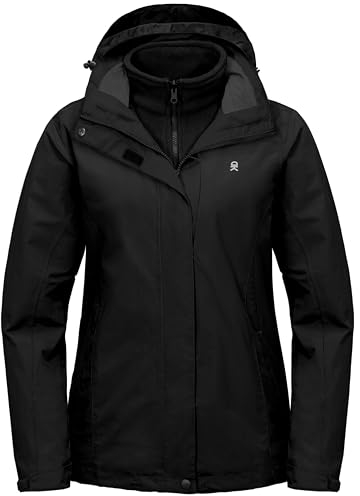 Little Donkey Andy 3-in-1 Skijacke Damen mit Fleece Warm Doppeljacke Wasserdichte Winddicht Softshell Regenjacke Outdoor Funktionsjacke mit Abnehmbare Kapuze Schwarz L