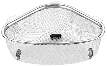 Sink Strainer Basket, Stainless Steel Triangular Sink Drain Shelf Corner Storage Rack with Fine Mesh, Hanging or Standing Use Drainer for Filtering, Straining Fruits and Vegetables, Silver