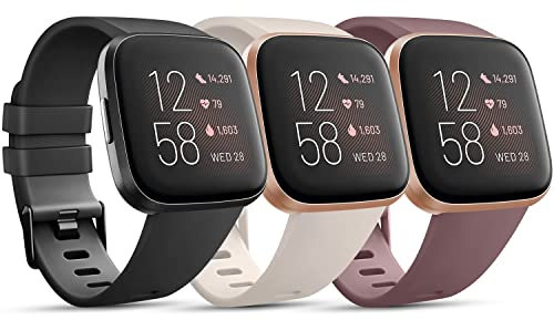 Mugust Lot de 3 bracelets de rechange en silicone souple pour Fitbit Versa 2/Versa/Versa Lite/Versa SE (Noir/Starlight/Violet1)