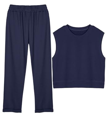 REORIA Damen Baumwolle Trainingsanzüge einfarbig Rundhalsausschnitt ärmelloses Top und kurze Hosen Jogginganzug Zweiteiler Overall Outfits Marineblau M