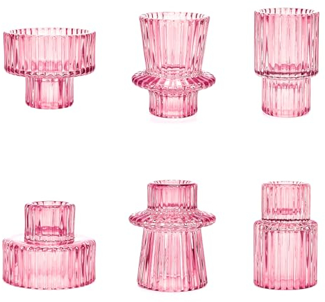 Toptime Candle Holders Set of 6, Glass Candlestick Holders Pinstripe Pattern, Reversible Tealight & Taper Candle Holders, Pink Crystal Tea Light Candle Holders for Wedding Dinner Party Festival