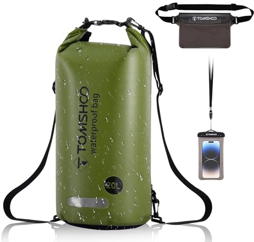 TOMSHOO Dry Bag Set, 10L/20L Wasserdicht Rucksack mit Wasserfester Handytasche & Tasche, Verstellbarer Schultergurt, Waterproof Backpack für Kajak Fahren, Wandern, Camping, mehr, 10L, Grün