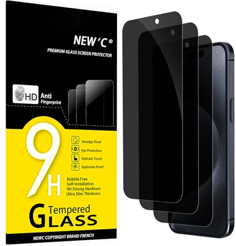 NEW'C 3 Pack Privacy Screen Protector for iPhone 15 Pro, iPhone 15 (6.1), Enhanced 28-Degree Privacy Angle, Ultra Durable 9H Hardness, Bubble-Free