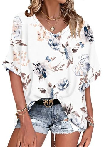WNEEDU Tee Shirt Oversize Femme Col V été Haut Femme Manches Courtes Chemisier Top été Décontractée Léger et Aéré Grande Taille Fleur Blanche XXL