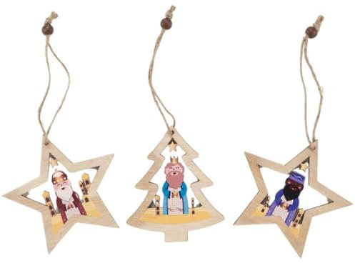 ROCKING GIFTS Set de x3 Adorno de Árbol Navidad Colgante Reyes Magos en Estrella de Madera, 3 Modelos Incluídos, Decoración Navideña, 10 cm