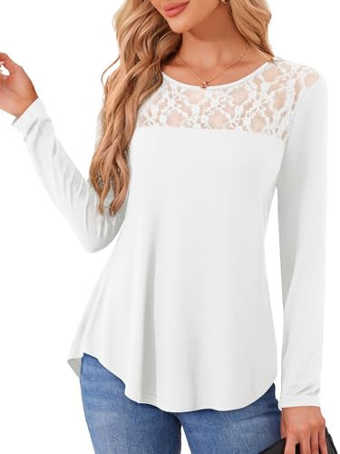 Amoretu Mesh Tops for Women White T Shirt Ladies Long Sleeve Lace Blouses Tunic Tshirts White Size 16 18