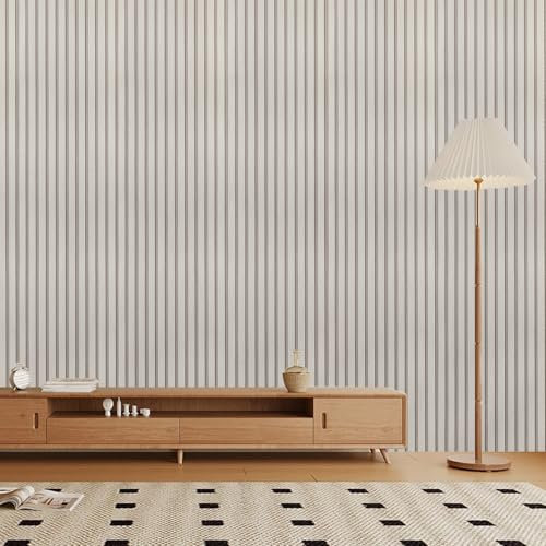 Tarwanear 3D Effect Slat Wallpaper - Beige Striped Wood Grain Contact Paper Wallpaper - Retro Faux Wood Panel Wall Roll for TV Background,Bedroom,Living Room