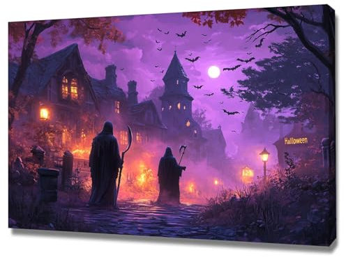 WIKEO Schwarz, Lila helloween aesthetic horr poster & kunstdrucke, Lustige Halloween-Bilder Männerhöhle, Wohnheim, Wanddekoration Bilder,Horror Gothic-Dekor-80x120cm Gerahmt