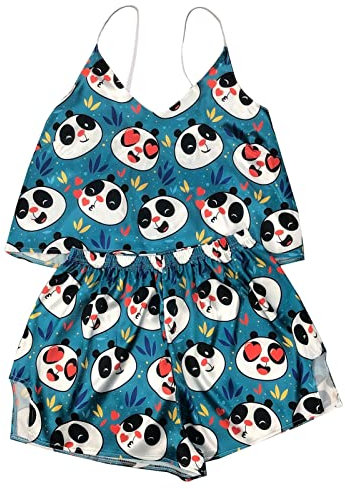 Pigiama Donna da Serbatoio con Bretelle da Donna Abito a Due Pezzi da Donna in di Ghiaccio con a Cartoni Animati Abiti per la casa Stampati Pigiama in Seta Donna Set Pigiama Donna Pile (Blue, M)