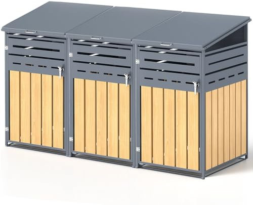 YORKING Metal Wheelie Bin Storage for 120-240 Litre, (W) 231 x (D) 85 x (H) 130.5 cm, Wood Grain Design Galvanized Steel Bin Shed, Outdoor Bin Cover With Lockable Door for Backyard, Patio, Garden