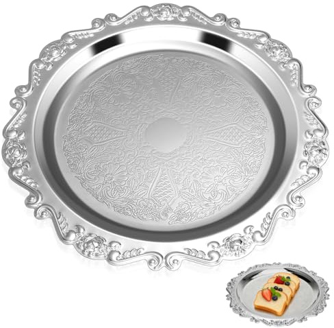 ABOOFAN 25 Cm Kleiner Runder Dessertteller Aus Edelstahl Mit GepräGtem EuropäIschem Blumenmuster Am Rand, Vielseitig Verwendbar FüR Obst, Desserts Und Als Kleine Schmuckaufbewahrung
