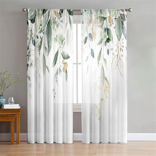 Odot Tende Soggiorno Semi Trasparenti,Motivo Foglia 3D Tenda Voile con Tasca per Asta 2 Pannelli Filtranti Finestra Moderna per Camera da Letto Cucina Balcone (Foglia verde,132x244cm)