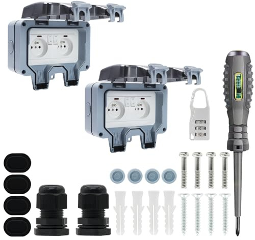 2 Pièces Prise Exterieure Etanche IP66 Double Prise de Courant et Volet de Protection Multiprise Electrique Murale de Jardin, Prise Anti-Poussière et Coupe-Vent avec Interrupteur, Voyant Lumineux