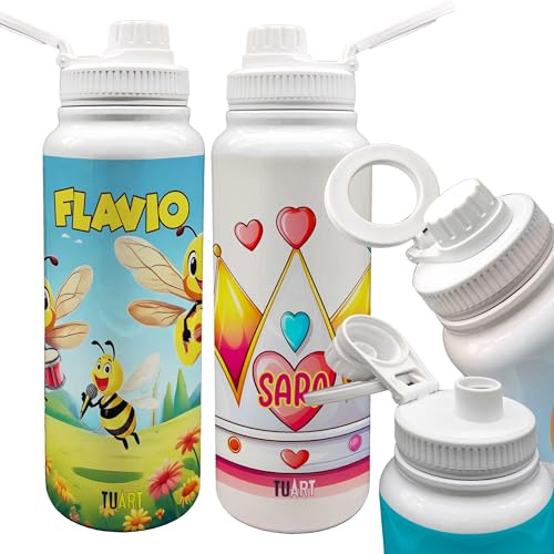 Generico TUART Borraccia Termica Personalizzata con Nome - 1 Litro, Acciaio Inox, Anello per Trasporto con Funzione Porta Smartphone Magnetico - Grafiche Fantasy Pensate per i Bambini