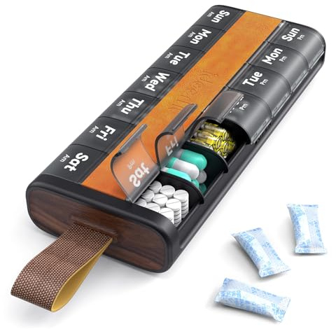 IDEERFIT Tablettenbox 7 Tage 2x täglich Lederdesign | Lederdesign, Trockenmittel-Fach, tragbarer Griff, verschleißfeste Etiketten, für Reisen und Büro