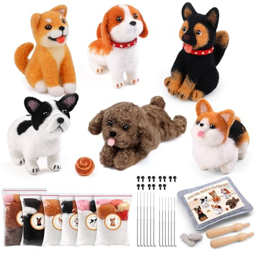 Doxiru Needle Felting Kit, 6 Pcs Dog Animal Needle Felting Beginner Kit | Needle Felting Tools with Instruction, Wool Pad And Finger Cots Beginner Friendly Dog Animal Felting Kit for Wool Decoration