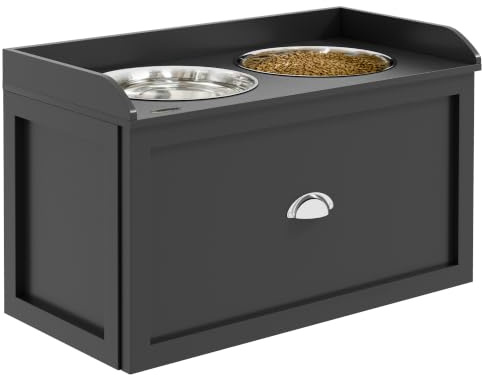 PawHut Erhöhter Hundenapf mit Ständer für große Hunde 36 cm Hoch Schwarz | Futternapf, Fressnapf mit Schublade, 2 Edelstahlnäpfen, Futterstation