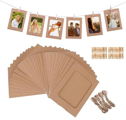 lbxtswpl Papier Fotorahmen, 40 Stück Papier Bilderrahmen, 11,5 * 15,5cm DIY Kraftpapier Bilderrahmen, mit Holzklammern Klein & Hanfseil für Zuhause Schule Büro Wand Dekoration(Braun)