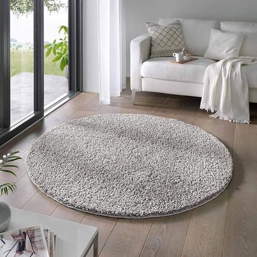Taracarpet Shaggy Teppich Wohnzimmer Venezia Hochflor Langflor Teppiche modern Grau 080 cm rund