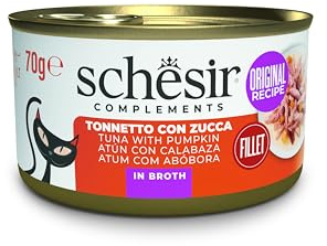 Schesir, Thunfisch mit Kürbis in Brühe, ergänzendes Nassfutter für Katzen, Originalrezept, 100% natürlich, 12 Dosen à 70 g