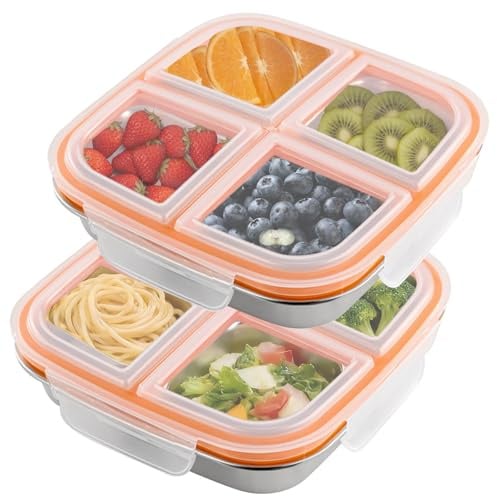 Puasok 2 Porta Merenda in Acciaio inox con Scomparti, Lunch box per Bambini