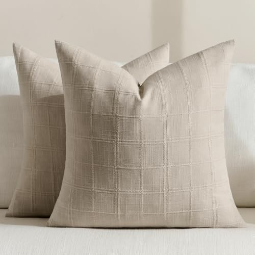 FIBORIA Kissenbezug 50x50 Boho Outdoor 2er Set Naturleinen Baumwolle Leinenoptik Kariert atmungsaktiv Dekokissen Kissenhülle für Couch Lounge Balkon Terrasse Garten Wohnzimmer Bettwäsche Kopfkissen
