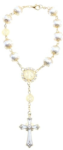 HANABASS Bracelet Religieux Femme en Perles de Verre Blanc Bracelet Chapelet Catholique Croix Bijou Chapelet Élégant pour Mariage et Fête Unique en Alliage 1 Pièce