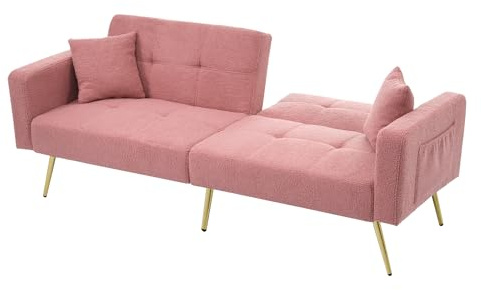 DRIXNO Schlafsofa, 2 Sitzer Sofa mit Schlaffunktion, Klappbares Schlafcouch Verstellbarem Winkel, mit Kissen und seitlichen Aufbewahrungstaschen, für Wohnzimmer, Büro, Lounge, Schlafzimmer, Rosa