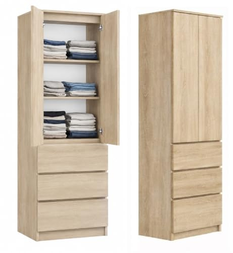 KUBUTKU Mehrzweckschrank Kleiderschrank Garderobenschrank mit 3 Schubladen 3 Fächern und 2 Türen für Schlafzimmer Wohnzimmer oder Flur 180,5x50x40 cm (Sonoma)