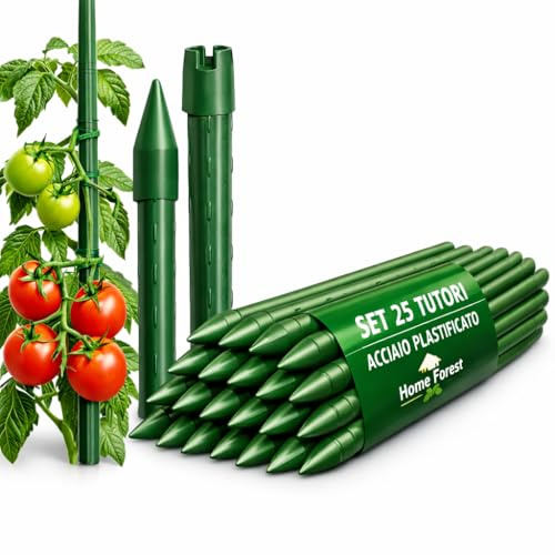Set 25 Paletti per Piante Rampicanti e Pomodori in Acciaio Plastificato Bastoncini Supporto Resistenti per Orto Giardino Pali Tutori Sostegno Antiruggine Cetrioli Fiori Verdure Piante (120 cm x 11 mm)