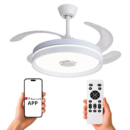 NARVI Ventilador de Techo CANNES con Luz LED RGB y Altavoz Bluetooth | Motor DC Silencioso 45W, APP Móvil, Mando a Distancia, 3 Aspas Retráctiles, Invierno Verano