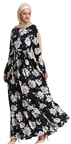 Lazzboy Moslemische Frauen-Lange Maxi-Kleid-Robe Abaya Islamische Blume-Dubai-Strickjacke Ramadan Muslimische Langarm Frauen-langes Maxi-Kleid Kleidung Dubai Patchwork Kleider Muslime(XL)