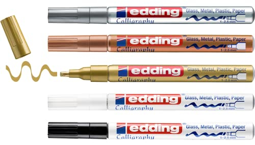 edding 753 Glanzlackmarker Kalligrafie - 5 bunte Farben - Kalligrafiespitze 1-2,5 mm - Lackstift für Glas Stein Kunststoff Papier - wasserfest, stark deckend - Bullet Journals, Hand-Lettering