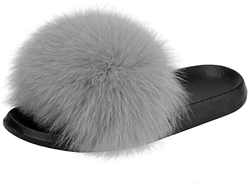 AONEGOLD Hausschuhe Damen Schlappen mit Fell Pelz Sandalen Weiche Pantoffel-Flipflops Pantoletten Sommer Flaumiger Slipper (Hellgrau,38/39 EU)