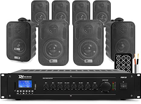 Power Dynamics PD BC30V 100V Line Outdoor Speaker System Bundle - 8x 3 Weatherproof Wall Speakers, Mixer-Amplifier, Background Music for Cafe, Terrace, Shop, Garden, Home PA Audio Installation