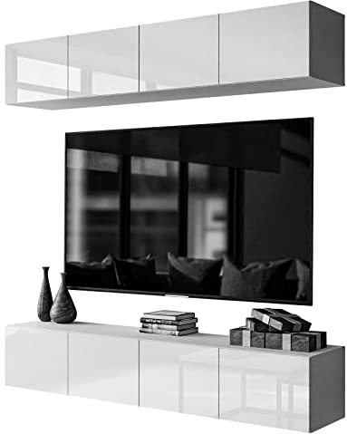 lukmebel Colgante I Wohnwand Wohnwand Set TV-Schrank Hängeschrank Weiß Hochglanz HG Fernsehschrank mit LED Beleuchtung und Push to Open System Sideboard Lowboard Wohnzimmer