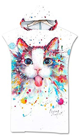 Hiser Poncho Handtuch Erwachsene Surf Poncho mit Kapuze Strandtücher Schwimmen Strand Poncho für Jugendliche - Haustier Drucken Mikrofaser Badeponcho Badetuch (75x110cm,Böse Katze)
