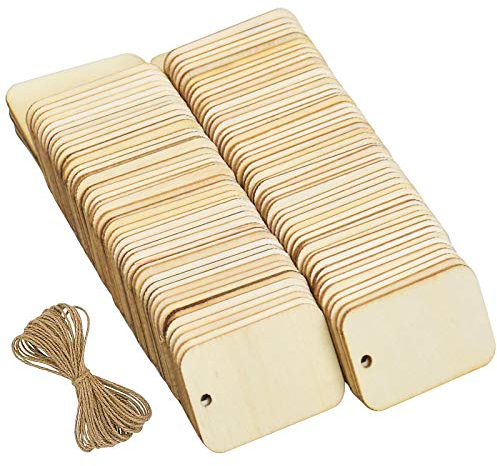 Fangehong 100 Stück Holz Rechteck Anhänger, Holz Geschenkanhänger mit Loch, Quadratische Holzanhänger mit Seil für Brandmalerei Malerei, DIY Kunsthandwerk, Dekoration, 34 * 52mm