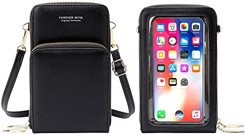 RRANCharltu Sac à Bandoulière pour Téléphone Portable Femmes Sac à Ecran Tactile Cuir PU Pochette Portefeuille Femme Porte Cartes avec Bandoulière et Dragonne (Noir)