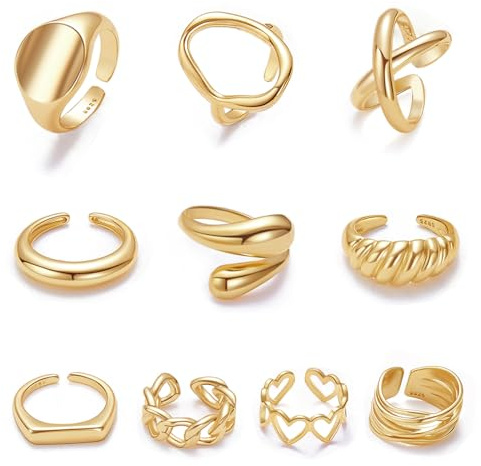 MOROYA 10PCS Gold Dome Chunky Rings for Women 18K Gold Plated Braided Twisted Round Signet Rings Adjustable Open Ring Band Statement Jewelry Size 7-9