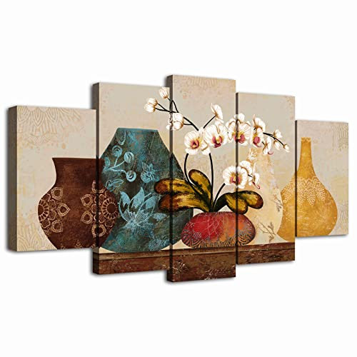 OuElegent 5 Stück weiße Orchidee auf Leinwand, Wandkunst, Blumen in Vase, rustikales Bauernhaus, Malerei, Drucke, moderne Kunstwerke für Wohnzimmer, Schlafzimmer, gerahmt, fertig zum Aufhängen