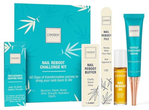 Onsen Secret Complete Nail Reboot Kit w/Nail Reboot Oil 10ml, Nail File 120/180 Grit Double Sided, A 3-Way Nail Buffer Block & Cuticle Serum-15ml w/Cuticle Oil in Action-Super Value Pack
