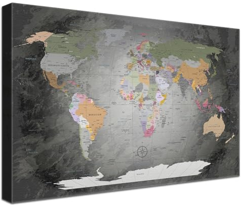 LANA KK - Luxus Pinnwand Weltkarte - Edelgrau - Deutsch - in 80 x 60 cm, stabile Rückwand zum Pinnen inkl. Starterkit - Leinwand-Kunstdruck Wandbild Landkarte XXL