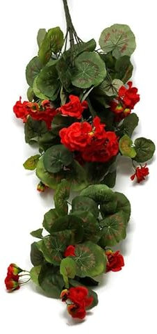 Artificial Floral Supplies Trailing Artificial Geranium Flower x 75cm - Hanging Basket Leaf - Pink or Red (Red)