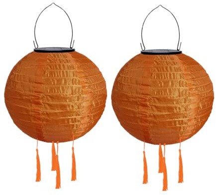 Lampions Außen Wetterfest Solar, LED Solarlaterne Außenlaternen Wasserdicht Solar Lampion mit Quaste Solarlampen Hängende Gartenlaterne Papierlampen Outdoor Ballform Papierlaterne, 20cm (2pcs-Orange)