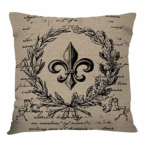 IBILIU Fleur de Lis Überwurf-Kissenbezüge, 45,7 x 45,7 cm, Blumenkranz, Vintage, Retro, Schwarz, Leinen, Jute, dekorative Kissenbezüge für Couch, Sofa, Schlafzimmer