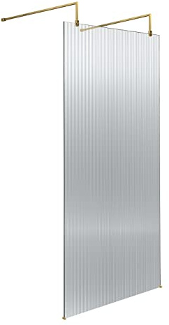 Hudson Reed WRAF19590BB Fluted Modern Bathroom Fluted 8mm Toughened Safety Glass Wetroom Screen with 2 Support Arms, 1950mm x 900mm, Brushed Brass